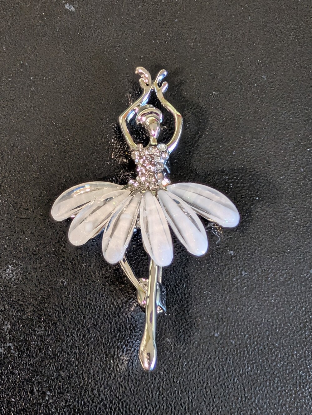 Ballerina Dancer Brooch White Petal Tutu Rhinestone Silver Tone Pin